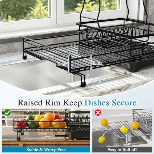 2 Tier Dish Drying Rack (Black / double-tier dish rack 16.7"w X14.8"H 12.8"-20.8"I)