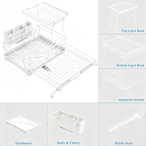 2 Tier Dish Drying Rack (White / 2-Tier Dish Rack 16.7"W X 14.8"H 12.8"-20.8")