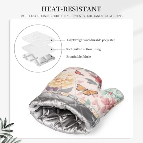 Oven Mitts and Pot Holders Set Peony Flower Butterfly Silicone Kitchen Accessories 4 Piece Heat Resistant Long Gloves Potholder Non (C10)