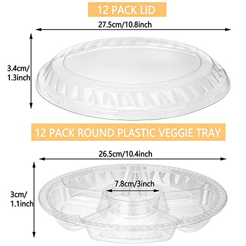 12 Pack Round Plastic Veggie Tray with Lid Fruit Tray 6 Divided Compartment Container Food Serving Dip Platter Reusable Catering Trays for Veggie Fruit Snack Party and Buffet Trays