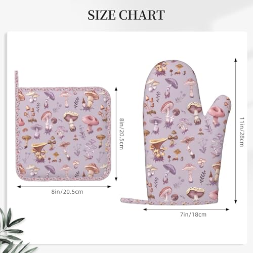 Oven Mitts Pot Holders Set Mushrooms Vintage Botanical Silicone Kitchen Gloves Potholders Heat Resistant for Chef Baking Cooking Grilling BBQ 4 Pack Mitt (B113)