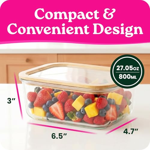 4 Pack Glass Food Storage Containers with Glass Lids & Bamboo Rim (27.05 Fl Oz)