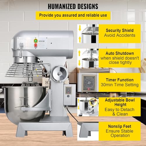 Commercial Food Mixer 3 Speeds Adjustable Heavy Duty 110V with Stainless Steel Bowl Dough Hooks Whisk Beater Premium for Schools Bakeries Restaurants Pizzerias