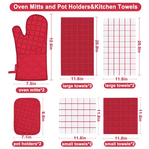Oven Mitts Kitchen Towels and Dishcloths Pot Holders Sets (Red)