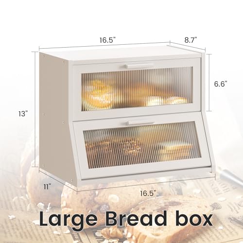 Double Layer Bamboo Bread Box for Kitchen Counter (White / Medium)
