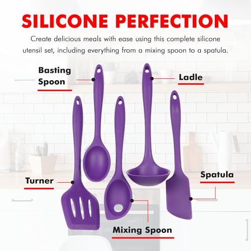 Premium Silicone Kitchen Tool and Utensil Set (5 Piece Set / Purple)