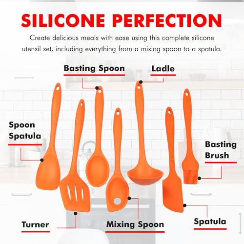 7 Piece Silicone Kitchen Tool and Utensil Set (7 Piece Set / Orange)