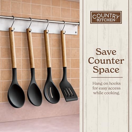 Non Stick Silicone Utensil Set with Rounded Wood Handles for Cooking and Baking (8 Piece Set / Black)