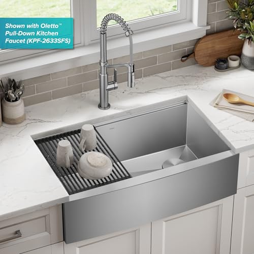 Kore 33 Inch Farmhouse Workstation 16 Gauge Single Bowl Stainless Steel Kitchen Sink with Accessories (33 Inch / Rounded Farmhouse / Stainless Steel)
