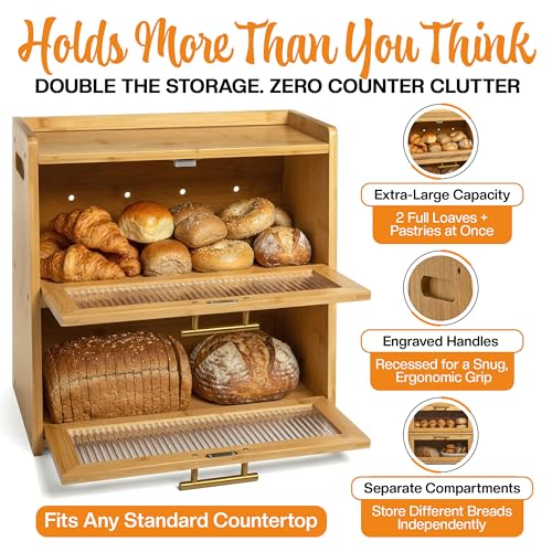 Extra Large Bamboo Bread Box for Kitchen Countertop