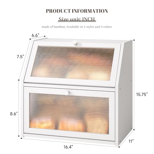 Bread Box for Kitchen Countertop Bin Double Layer Bread Box Storage Container Extra Large Capacity with Diamond Pattern Windows (White / Extra Large)