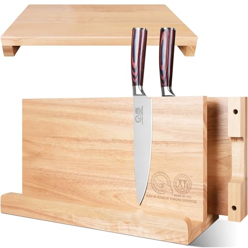 3-in-1 Wooden Magnetic Knife Block Set ・Powerful Magnet Knife Holder + 2 Chopping Boards, Space-Saving Countertop Organizer, Kitchen Cutlery Display Stand without Knives (light wood color / 16.5*8.5 inch with board)