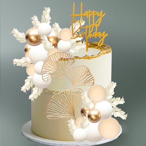 57Pcs Khaki Balls Cake Topper Boho Grass Cake topper Pearl Balls Acrylic Happy Birthday Cake Decorations for Wedding Baby Shower Birthday Boho Themed Party Supplies Khaki White Gold