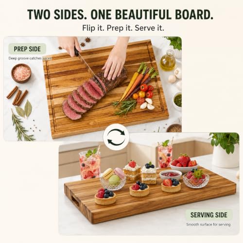 Edge Grain Teak Wood Cutting Board 18x14x1.25" With Deep Juice Groove & Side Handles (Teak Wood - Edge Grain / 18"L x 14"W)