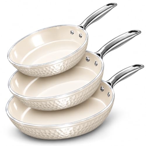 Hammered 3 Pc Titanium Ceramic Nonstick Frying Pans Set (Hammered Cream)