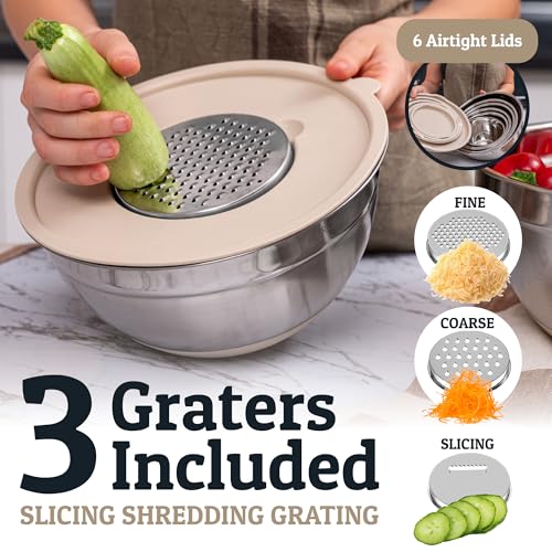 6Pc Stainless Steel Mixing Bowls with Lids Set (Khaki)
