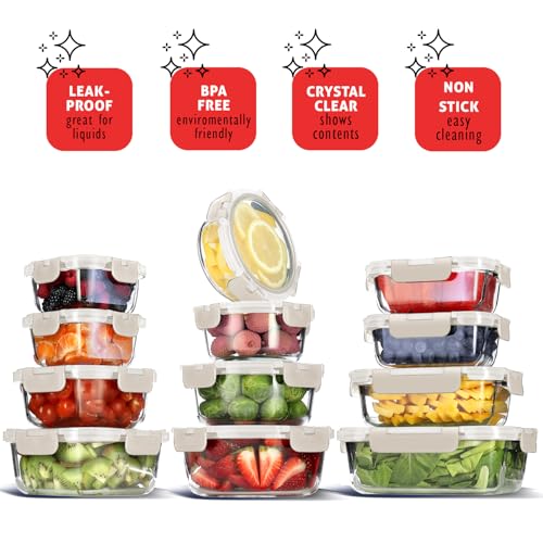 48pc Glass Storage Containers with Lids (Cream / 24 Pack)
