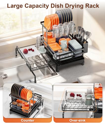 2 Tier Expandable Dish Drying Rack for Counter and Over Sink