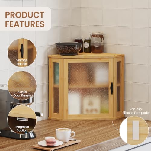 Corner Bread Box for Kitchen Countertop Double Layer Bamboo Wood Large Capacity Bread Storage Container Retro Vintage Farmhouse (Natural / Medium)