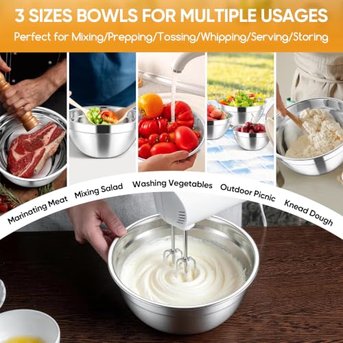 Stainless Steel Mixing Bowls with Lids Set of 3 (Red / 4.6, 3, 1.5QT)