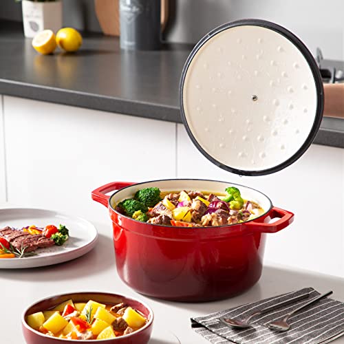 6 Qt Round Enameled Cast Iron Dutch Oven with Lid & Handles (6 Qt-round / Red)