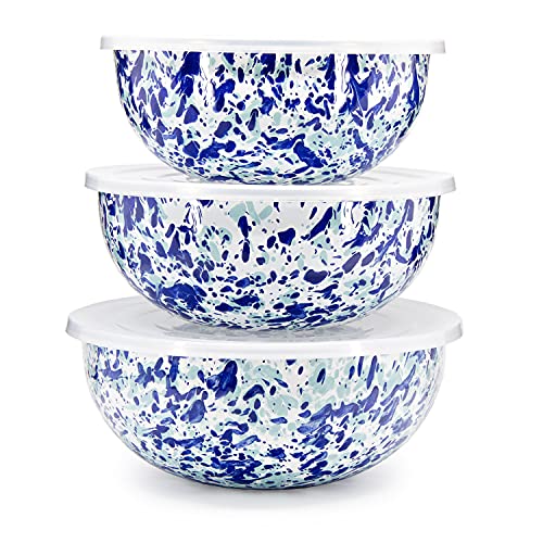Enamelware Nested Mixing Bowls with Lids (Set of 3 - 3, 3.5 & 4.5 quarts / Ocean)