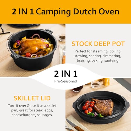 10 QT Pre Seasoned Cast Iron Camping Dutch Oven Pot with Lid (10QT)