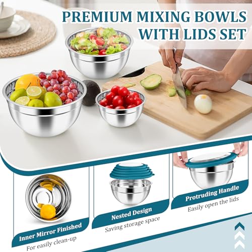 Metal Mixing Bowls with Lids Set (Blue / Visible Airtight Lids)