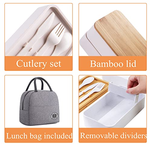 Stackable Lunch Container with Bamboo Lid Bento Box for Adult with Lunch Bag and Flatware Set