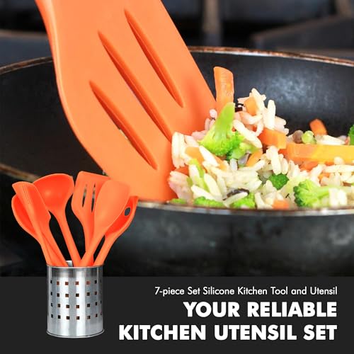 7 Piece Silicone Kitchen Tool and Utensil Set (7 Piece Set / Orange)