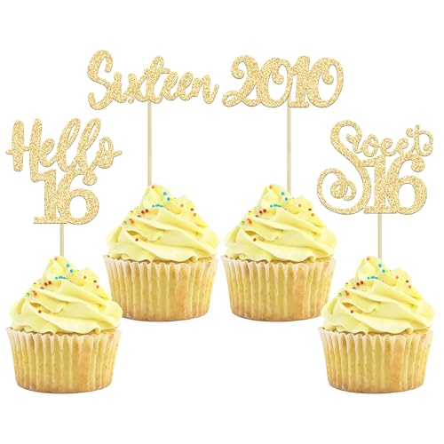 24Pcs Happy 16th Birthday Cupcake Toppers Glitter Hello 16 Sweet 16 Cupcake Picks 2006 Sixteen Old Birthday Cake Decorations for 16th Birthday Anniversary Party Supplies Black