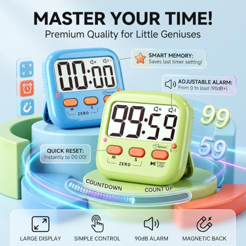 2 Pack Digital Timer for Kids Teacher Classroom Kitchen Office (2 Pack * Lovely Green + Blue / 2 Pack)