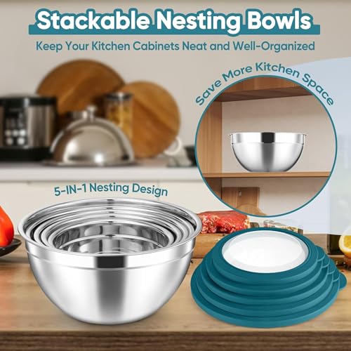 5 Piece Mixing Bowls with Airtight Clear Lids (Blue / 4.6, 3.5, 2.5, 2, 1.5QT)