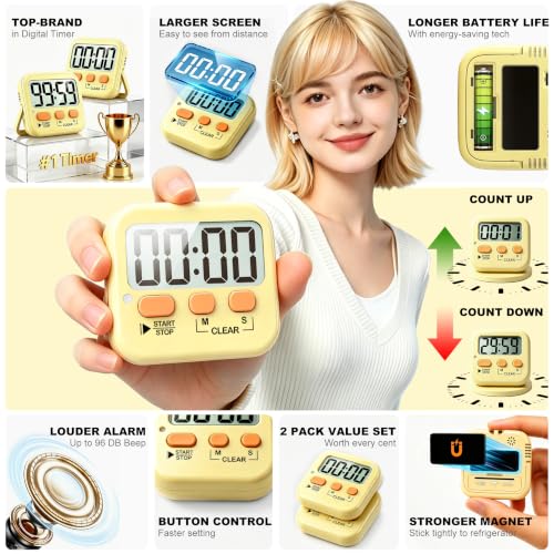 2 Pack Digital Timer for Kids Classroom Kitchen Timers for Cooking (1 * Yellow)