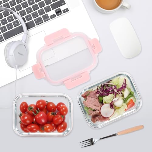 12-Pack, 22oz Glass Meal Prep Containers with Lids, Pink Set (22oz, 12 Pack - Pink Set, Same Size)