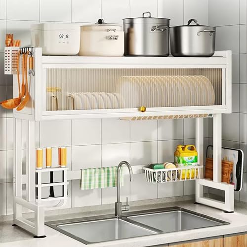 Over the Sink 3 Tier Dish Drying Rack with Cover (Milkshake White)