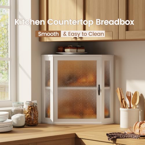 Corner Bread Box for Kitchen Countertop Double Layer Bamboo Wood Large Capacity Bread Storage Container Retro Vintage Farmhouse (White / Extra Large)