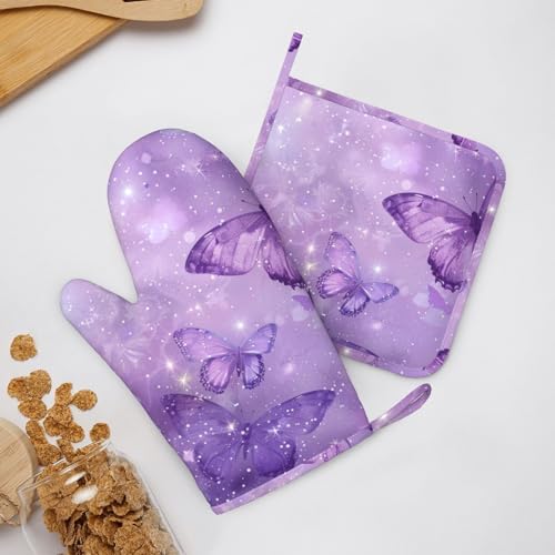 Oven Mitts Pot Holders Set Butterfly Purple Pastel Silicone Kitchen Gloves Potholders Heat Resistant for Chef Baking Cooking Grilling BBQ 4 Pack Mitt (B1111)