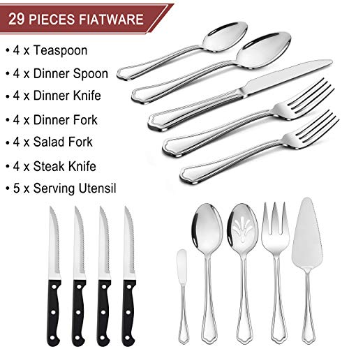 Stainless Steel Silverware Set with Serving Set and Steak Knives
