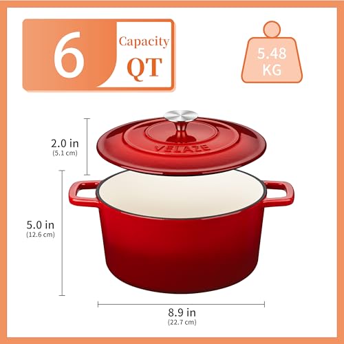 6 QT Enameled Cast Iron Dutch Oven Pot with Lid (Red / 6QT-Round)