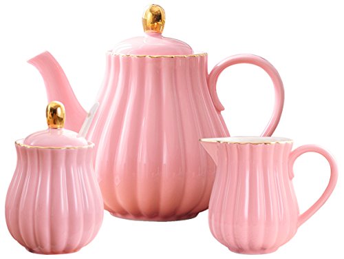 Fine China Pink Teapot and Creamer Sugar Bowl Set
