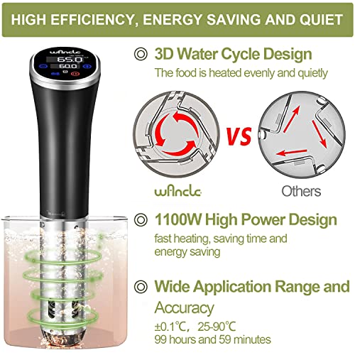 Sous Vide Wancle Sous Vide Cooker 1100W IPX7 Waterproof Thermal Immersion Circulator With Reservation Function (Black)