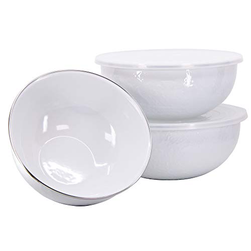 Enamelware Nested Mixing Bowls with Lids (Set of 3 - 3, 3.5 & 4.5 quarts / Solid White Textured)