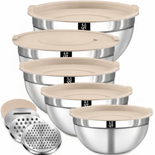8PCS Stainless Steel Mixing Bowls with Lids (8PCS Khaki Mixing Bowls Set)