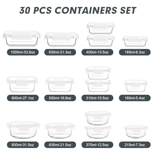 30 Pieces Glass Food Storage Containers Set with Lids (White / 30 Pieces)