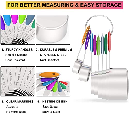 Stainless Measuring Cups and Spoons Set with Silicone Handle (Multicolor)