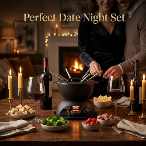 11 Piece Cast Iron Fondue Set with Adjustable Burner 6 Colored Forks