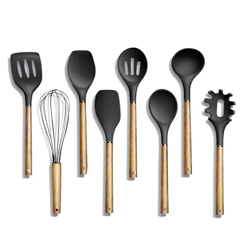 Non Stick Silicone Utensil Set with Rounded Wood Handles for Cooking and Baking (8 Piece Set / Black)