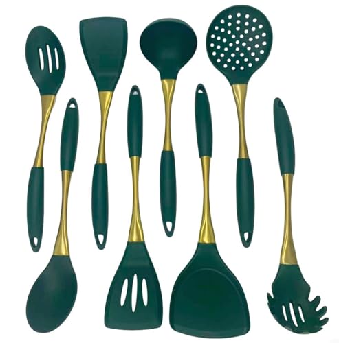 8 Piece Silicone Kitchen Utensil Set (Green & Gold)