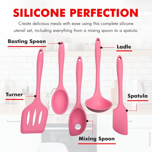 Premium Silicone Kitchen Tools and Utensils Set (5 Piece Set / Pink)